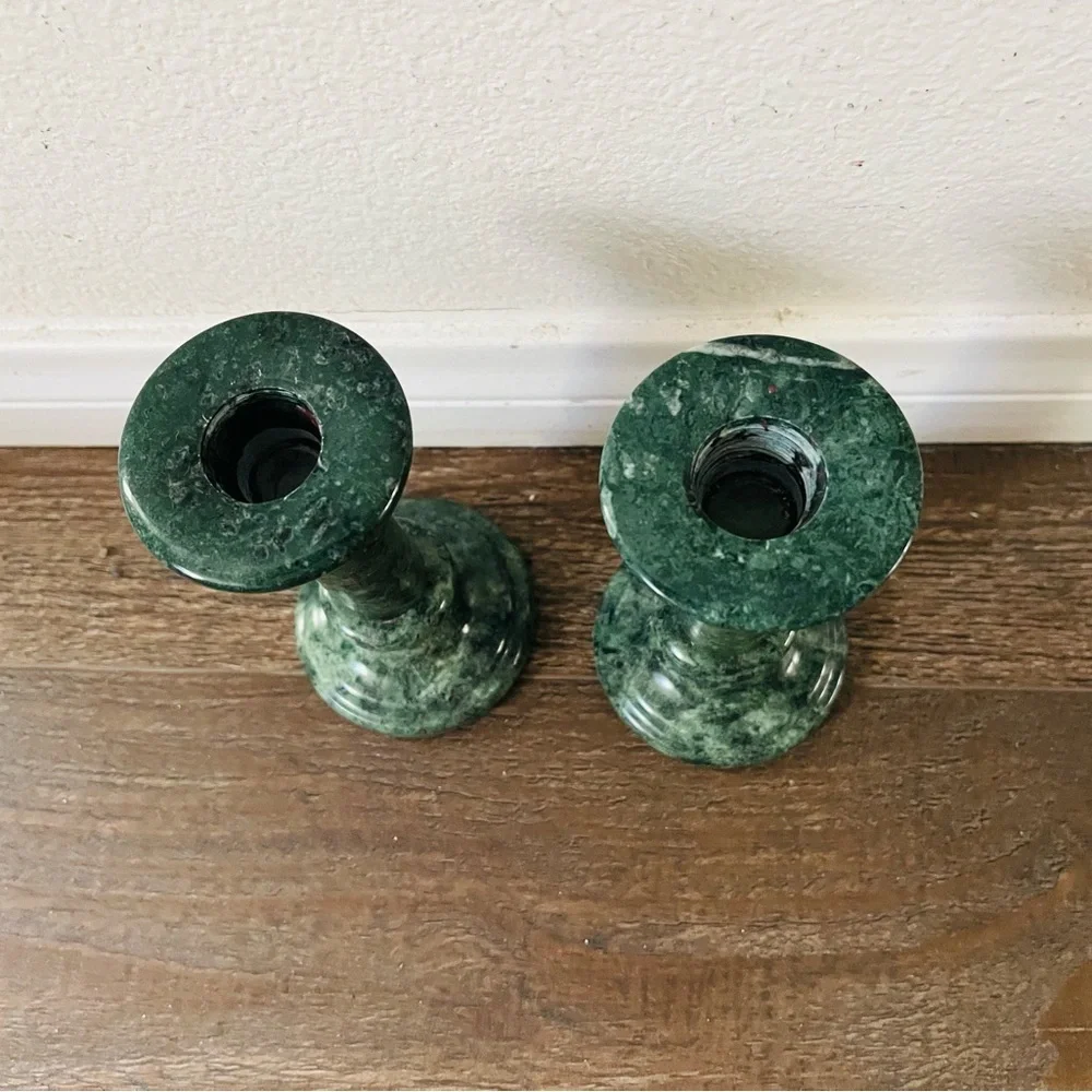 Green Marble Candlestick Pair - Elegant Home Accent 6.5 Inch tall